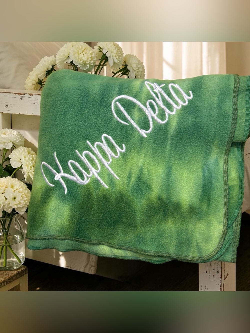 Kappa Delta Sorority Fleece Throw Blanket Queen Full Green Tie Dye Embroidered